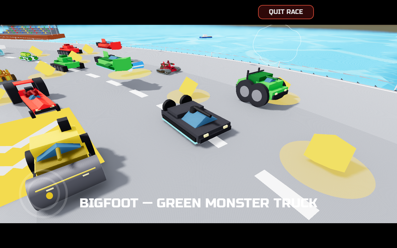 Turbo Cannon mid-race combat — hoverpod boxed in by tanks and monster trucks